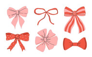 Çeşitli fiyonklar, hediye kurdeleleri. Elle çizilmiş ve düz çizgili düğümler. Modaya uygun vektör çizimi. Saç aksesuarı. Hediye paketi için baş düğümleri