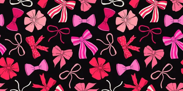 Çeşitli pembe ve kırmızı düğümler, bağlar, hediye yayları. El çizimi moda Vektör çizimi. Düğün kutlaması, tatil, parti dekorasyonu, hediye, hediye konsepti. Siyah arkaplanda pürüzsüz desen
