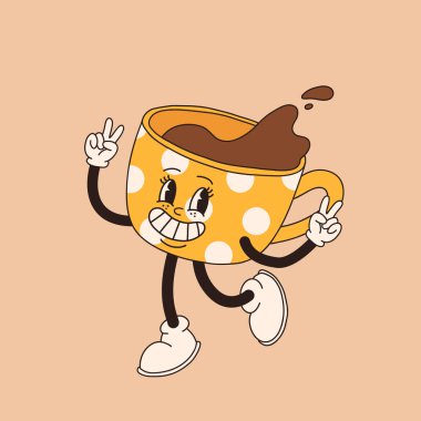 Retro çizgi film kahve fincanı karakteri. Farklı pozlarda kupa maskotu. 60 'lar 70' ler 80 'ler modası geçmiş vektör çizimi. Espresso koyu kahve fincanı..