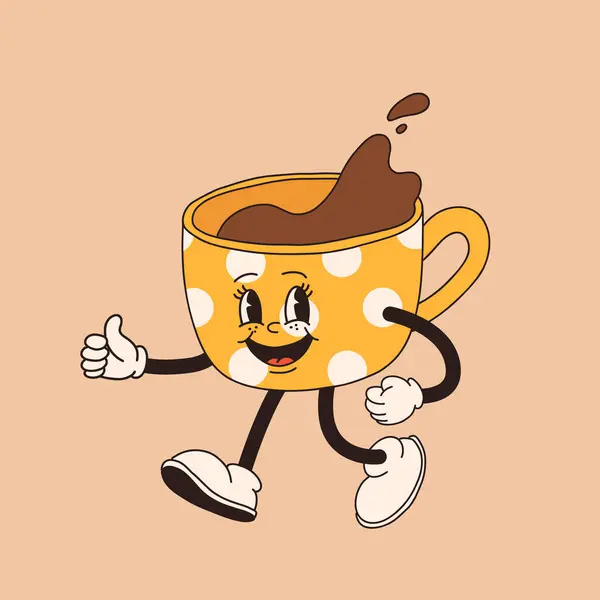 Retro Tegneserie Kaffe Kop Karakter Krus Maskot Forskellige Stillinger Erne – Stock-vektor