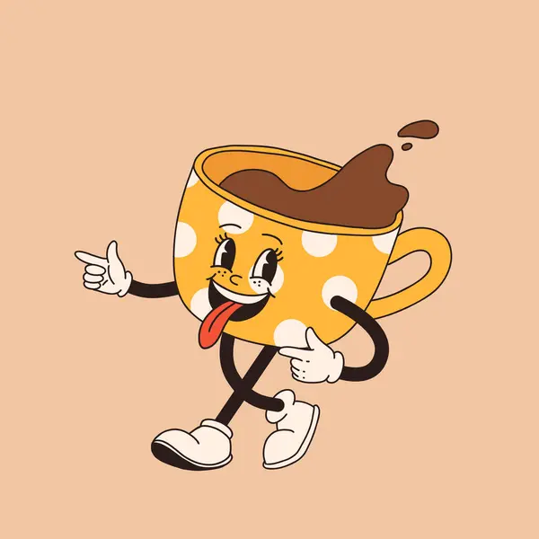 Retro Cartoon Coffee Cup Character Mug Mascot Different Poses 60S Vector Graphics