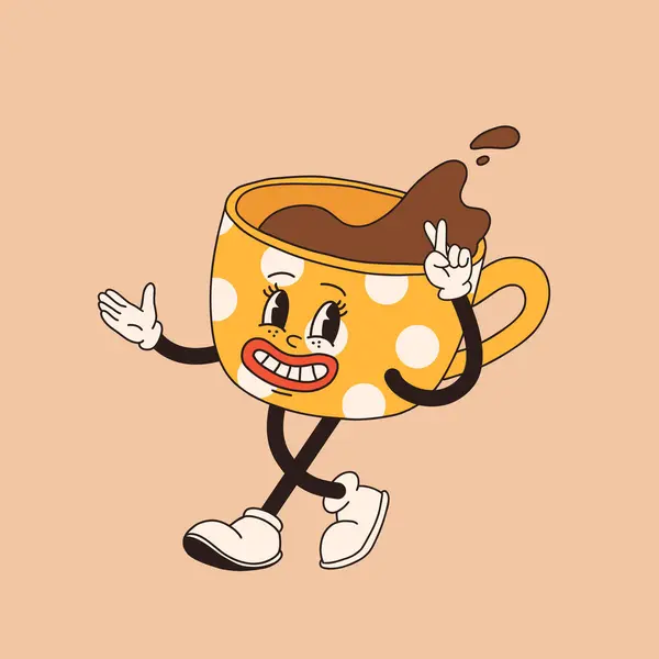 Personagem Retro Desenho Animado Xícara Café Mascote Caneca Poses Diferentes —  Vetores de Stock