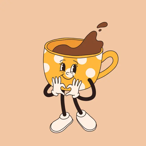 Retro Cartoon Coffee Cup Character Mug Mascot Different Poses 60S Vector Graphics