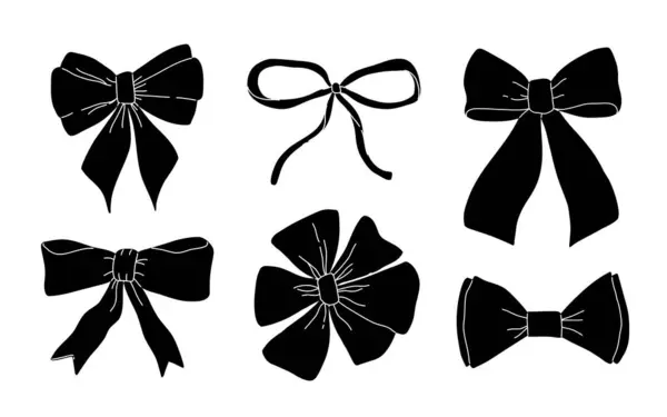 Set Various Bows Gift Ribbons Bowknots Hand Drawn Flat Styles Stock Illustration