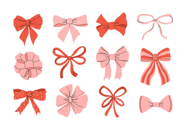 Set Various Bows Gift Ribbons Bowknots Hand Drawn Flat Styles Royalty Free Stock Illustrations