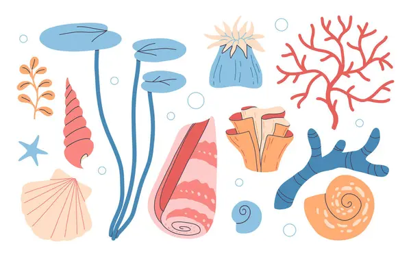 Sæt Undersøiske Ocean Koralrev Planter Koraller Anemoner Skaller Akvatiske Akvarium Royaltyfrie stock-illustrationer