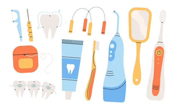 Mundhygiene Putzwerkzeug Set Verschiedene Zahnpflegeaccessoires Elektrische Zahnbürste Zahnbürste Zahnpastatube Mundspülmaschine Stockillustration