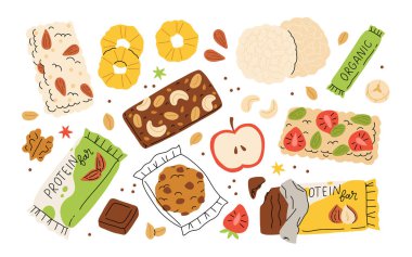 Fındık ve kurutulmuş meyve eli koleksiyonu, sağlıklı vejetaryen atıştırmalık ikonları, fındık proteini barının vektör çizimleri, kurutulmuş muz, ananas, badem, meyve karışımı. Çizgi film sağlıklı atıştırmalık