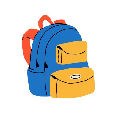 okul çantası ve okul çantası. Okula dönüyorum, çocuk çantaları topluyorum. El çizimi vektör çizimi beyaz arkaplanda izole edildi. Modern düz çizgi film tarzı