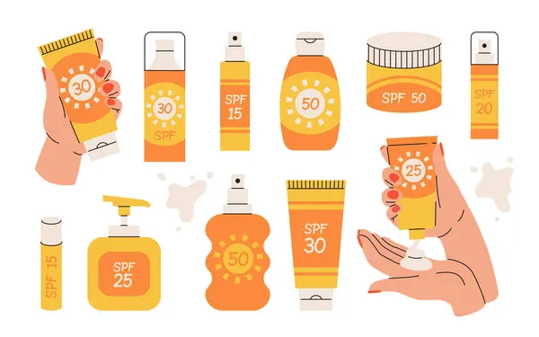 Sunscreen Products Set Isolated Hands Applying Sunscreen Product Spf Protection Vector Graphics