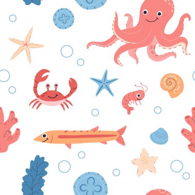 Deniz hayvanları, balık, balina, denizanası, kabuk, mercan ve yosun, yengeç, denizyıldızı. Elin kusursuz deseni deniz canlıları ve elementler çiziyor. Vector karikatür karikatür set deniz yaşam nesneleri.