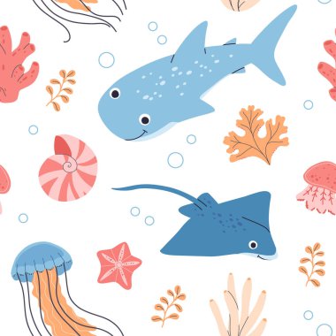 Deniz hayvanları, balık, balina, denizanası, kabuk, mercan ve yosun, yengeç, denizyıldızı. Elin kusursuz deseni deniz canlıları ve elementler çiziyor. Vector karikatür karikatür set deniz yaşam nesneleri.