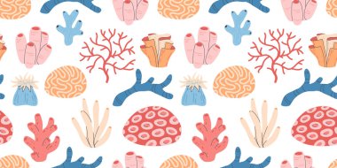 Okyanus altı mercan resif bitkileri, mercanlar ve deniz şakayıkları. Akvaryum yosunları, tropikal mercan resif elementleri. Deniz yosunları, deniz yaban hayatı, süngerler ve deniz yosunları