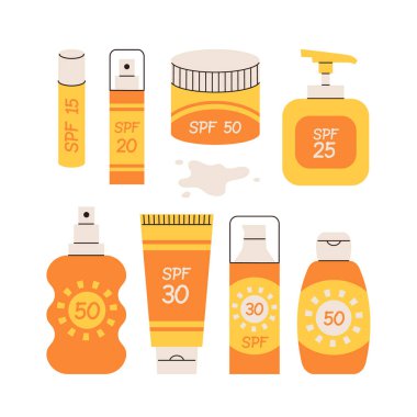 Güneş kremi izole edildi. Eller güneş kremi sürüyor. SPF koruması ve güneş güvenliği kavramı. SPF yaz ürünleri losyon, krem, sprey.