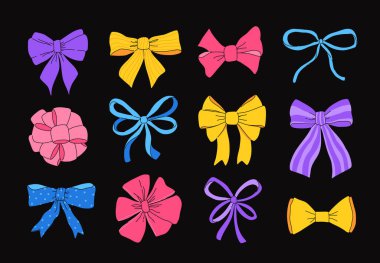 Çeşitli fiyonklar, hediye kurdeleleri. Elle çizilmiş ve düz çizgili düğümler. Modaya uygun vektör çizimi. Saç aksesuarı. Hediye paketi için baş düğümleri