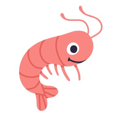 Karides, çiğ deniz ürünleri. Tam karides, anten, kafa, gözler, bacaklar ve kuyruk. Karalama tarzında çizilmiş deniz ürünleri. Beyaz arkaplanda izole edilmiş renkli düz vektör çizimi