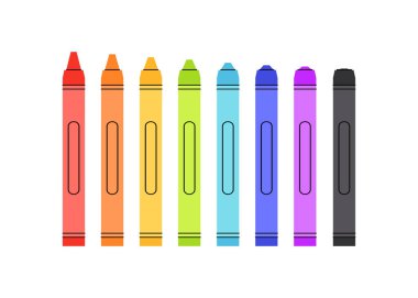 Renkli balmumu kalemler. Renkli balmumu kalem koleksiyonu. Düz çizgi film stili vektör çizimi beyaz arkaplanda izole edildi.