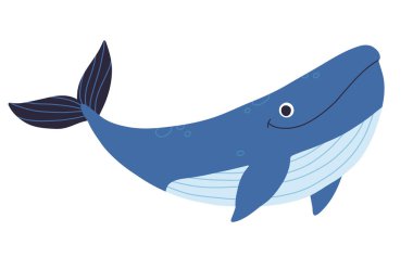 Deniz yıldızları ve okyanusta balıklar arasında yüzen sevimli mavi balina. Dev bir su altı hayvanı. Beyaz arkaplanda izole edilmiş çocuksu düz vektör çizimi