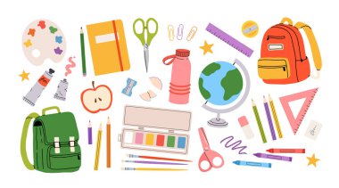 Şirin okul kırtasiyesi ve sanat malzemeleri büyük set, çizgi film tarzı. Kawaii aksesuarları, öğrenci ekipmanları. Okula dönelim. Moda modern vektör illüstrasyonu beyaz, el çizimi, düz