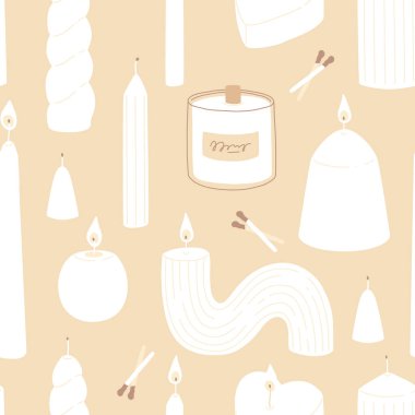 Çeşitli Mumlar. Farklı şekil ve boyutlarda. Sütun, kavanoz mumu, kare, konteyner mumu, kalp şeklinde. Rahatlamak ve spa yapmak için dekoratif mumlar. Kibrit, mum söndürücü. Kusursuz desen