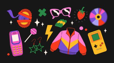 Klasik 80 'lerden 90' lara kadar modern düz stil elementleri. El çizimi çıkartma seti, vektör çizimi. Moda yaması, rozet, klasik aksesuarlarla amblem..