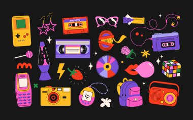 Klasik 80 'lerden 90' lara kadar modern düz stil elementleri. El çizimi çıkartma seti, vektör çizimi. Moda yaması, rozet, klasik aksesuarlarla amblem..