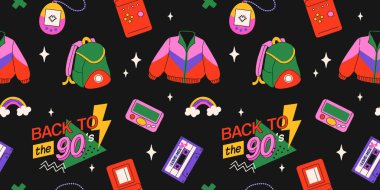 Klasik 80 'lerden 90' lara kadar modern düz stil elementleri. El çizimi çıkartma seti, vektör pürüzsüz desen. Moda yaması, rozet, klasik aksesuarlarla amblem..