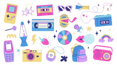 Klasik 80 'lerden 90' lara kadar modern düz stil elementleri. El çizimi çıkartma seti, vektör çizimi. Moda yaması, rozet, klasik aksesuarlarla amblem..