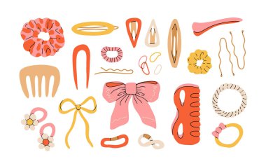 El yapımı saç aksesuarları. Kadın saç tokaları, saç bantları, saç kravatı ve düz vektör çizim seti. Saç aksesuar koleksiyonu