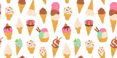 Dondurma izi yok. Lezzetli sokak yemekleri, şekerleme atıştırmalıkları. Doldurulmuş waffle, bardakta dondurma, külahta dondurma. Düz vektör karikatür arkaplanı beyaz arkaplanda izole edildi