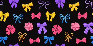 Çeşitli fiyonkları ve hediye kurdeleleri olan kusursuz bir desen. Elle çizilmiş ve düz çizgili düğümler. Modaya uygun vektör çizimi. Saç aksesuarı. Hediye paketi için baş düğümleri