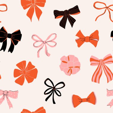 Çeşitli fiyonkları ve hediye kurdeleleri olan kusursuz bir desen. Elle çizilmiş ve düz çizgili düğümler. Modaya uygun vektör çizimi. Saç aksesuarı. Hediye paketi için baş düğümleri