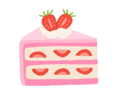 Doğum günü pastası dilimleri hazır. Tatlı tatil pastanesi parçaları koleksiyonu. Çikolatalı hamur tatlısı, kahvaltıda mumlu dut tatlısı. Vektör el çizimi düz çizgi film çizimi