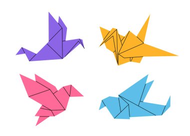 Origami kağıttan bir kuşla vektör illüstrasyonu, Asya geleneklerinde sevginin ve umudun klasik bir simgesi. Kültürel tasarım için düz çizgi film tarzında izole edilmiş öge.