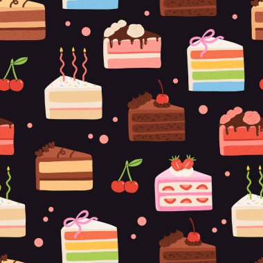 Doğum günü pastası kusursuz bir desen oluşturur. Tatlı tatil pastanesi parçaları koleksiyonu. Çikolatalı hamur tatlısı, kahvaltıda mumlu dut tatlısı. Vektör el çizimi düz çizgi film çizimi