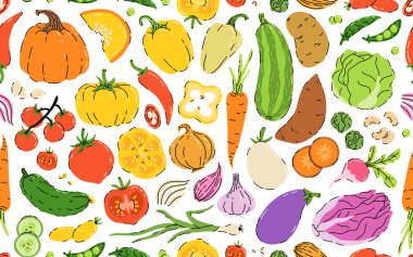 Beyaz arka planda izole edilmiş sebzeli pürüzsüz el çizimi deseni. Bir demet taze vegan diyet vejetaryen ürünleri sağlıklı sağlıklı yiyecekler, yemek malzemeleri..