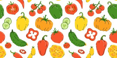 Beyaz arka planda izole edilmiş sebzeli pürüzsüz el çizimi deseni. Bir demet taze vegan diyet vejetaryen ürünleri sağlıklı sağlıklı yiyecekler, yemek malzemeleri..