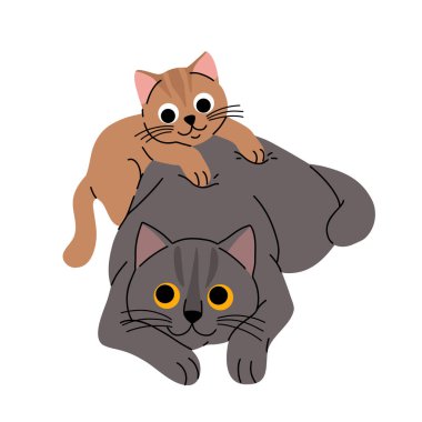 Şirin kedi konsepti, ulusal kedi yavrusu günü. Kedisi olan sevimli yerli İngiliz kısa hava kedisi. Yumuşak gri ve krem renkli kediler kalpleriyle yatıyorlar. Çizgi film düz vektör çizimi