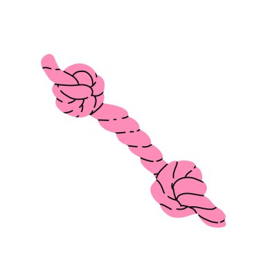 Köpek oyuncakları çizgi film ikonu. Evcil hayvan malzemeleri, yavru köpek için aksesuarlar. Köpek boğumlu ip, top, tasma, çiğneme aletleri, gıcırtılı top, kase. Düz vektör çizimleri beyaz arkaplanda izole edildi