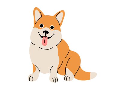 Çizgi film köpeği hareket halinde. Farklı köpek türleri. Aktif köpek yavruları doberman, dalmaçyalı, Pomeranian, Sheltie, İtalyan tazı, Yorkshire Teriyeri, Corgi. Düz vektör illüstrasyonu