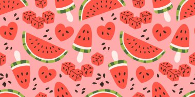 Karpuz desenli, renksiz bir desen. Kartpostallar, tatiller, dekorasyonlar için parlak bir yaz tasarımı. Vektör çizimi. Meyveli desen.