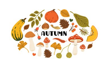 Sonbaharda yapraklar, mantarlar, böğürtlenler, tohumlar ve meşe palamudu içeren bir vektör çizdim. Sonbahar hediyeleri dekoratif etiket, çıkartma, kart. Sonbahar tasarlanmış çerçeve.