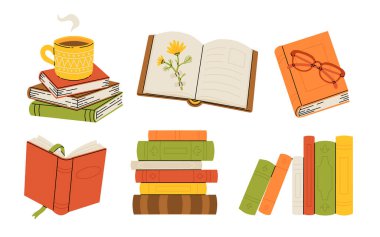 Bir yığın kitap, bir fincan çay ve gözlük çizim seti. Okumak için açılan ve kapanan kitaplar. Herbaryum. Eğitim, bilgi, öğrenim konsepti, samimi sonbahar okumaları