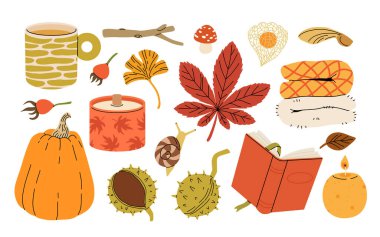 Hoş sonbahar öğeleri, mumlar, çay fincanı, balkabağı, sıcak kıyafetler, battaniye ve eşarp. El çizimi sonbahar tasarım elementi, yapraklı meşe palamudu, mantar ve böğürtlen, rahat karalama etiketi seti