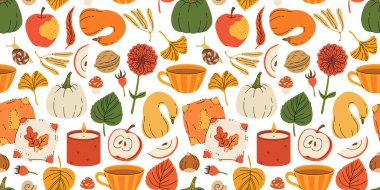 Sevimli sonbahar öğeleri, mumlar, çay fincanı, balkabağı, sıcak kıyafetler. Elle çizilmiş sonbahar şablonu, yapraklı meşe palamudu, mantar ve böğürtlen, rahat karalama etiketi arka plan