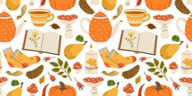 Sevimli sonbahar öğeleri, mumlar, çay fincanı, balkabağı, sıcak kıyafetler. Elle çizilmiş sonbahar şablonu, yapraklı meşe palamudu, mantar ve böğürtlen, rahat karalama etiketi arka plan