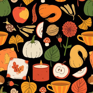 Sevimli sonbahar öğeleri, mumlar, çay fincanı, balkabağı, sıcak kıyafetler. Elle çizilmiş sonbahar şablonu, yapraklı meşe palamudu, mantar ve böğürtlen, rahat karalama etiketi arka plan