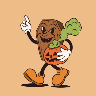 Eski moda Cadılar Bayramı maskotu seti. Ayrı çizgi film karakterleri komik karakterler, tahta tabut, balkabağı ve sigara, parti gecesi eğlencesinde ürkütücü ve komik bir ifade.