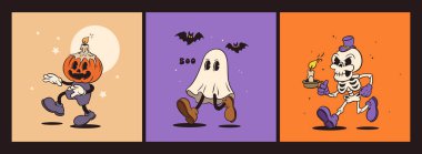 Retro groovy Halloween mascot set. Isolated cartoon vector funny characters, jack o lantern, ghost and skeleton with a candle, with spooky and funny expression during party night celebration clipart