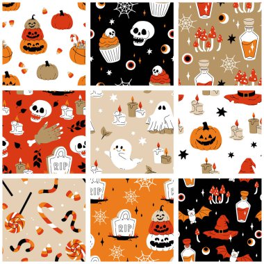 Cadılar Bayramı dekoratif unsurları olan kırmızı bej ve siyah dikişsiz izler. Hayalet, balkabağı, heykelcik. Şirin vektör karakterleri, dekoratif nesneler. Tatlılar, balkabağı, cadı, hayalet, yarasa. Desen tasarımı